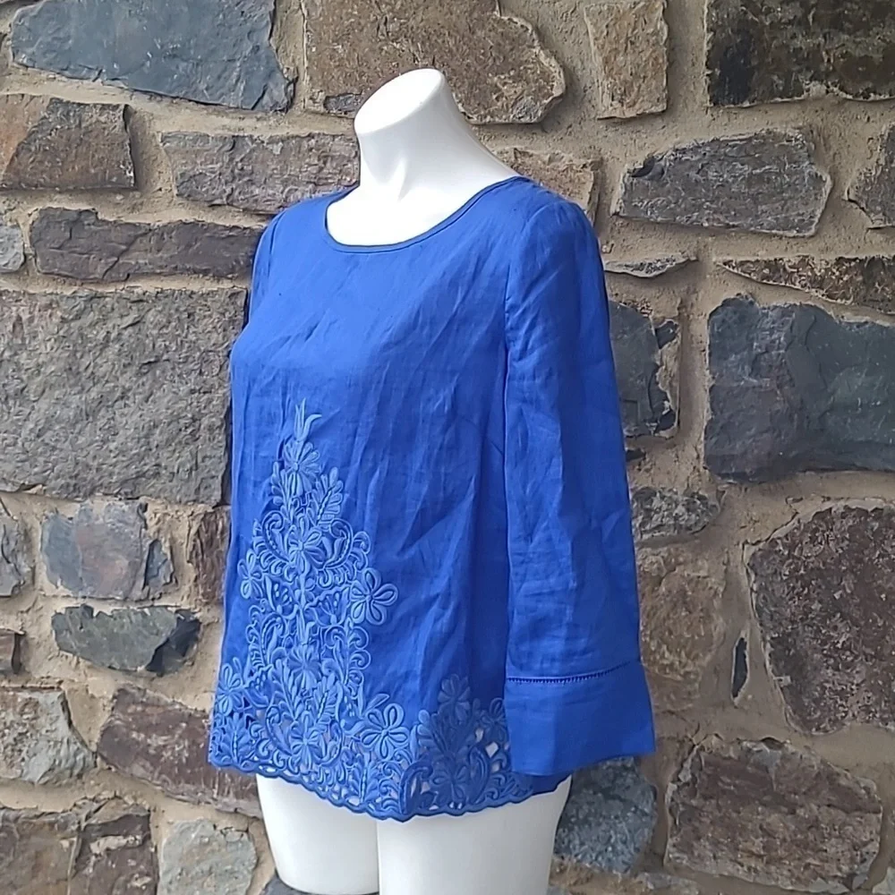 J. Crew Embroidered Floral 3/4 Sleeve Linen Blouse in Royal Blue Size 4